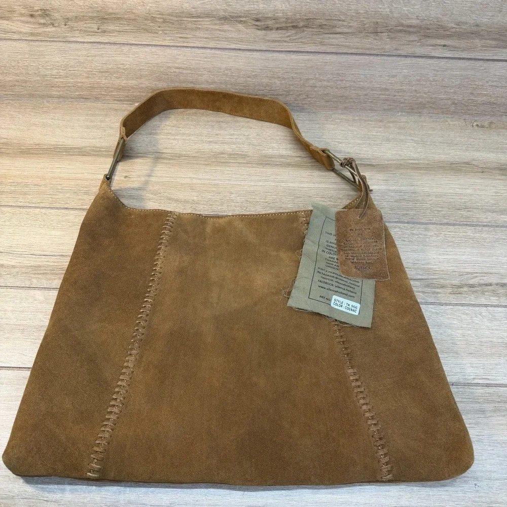 Vilenca Holland Suede Slouchy Hobo Shoulder Bag Earthy Brown Whipstitch Boho